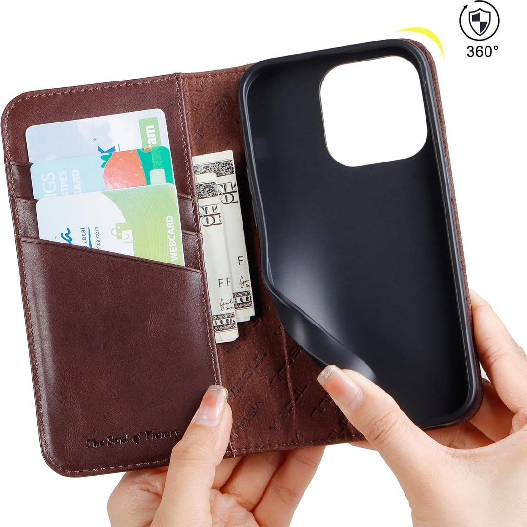 VISOUL Hülle für iPhone 14 Pro Handyhülle [Echtleder] [Schützt][3 Kartenfächer] [Magnet] [Standfunkt