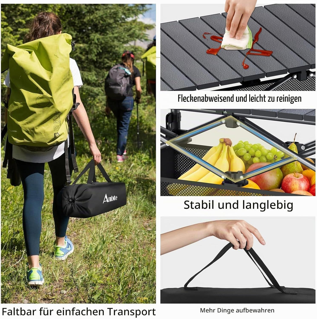 Anbte Campingtisch Aluminium 82x40cm(LxB) Aufrollbare Tischplatte 2 Verstellbar Höhen 44/70cm Klappt