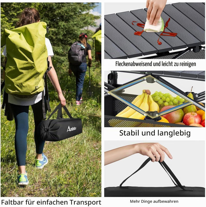 Anbte Campingtisch Aluminium 82x40cm(LxB) Aufrollbare Tischplatte 2 Verstellbar Höhen 44/70cm Klappt