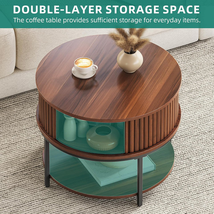 YITAHOME Couchtisch Rund, Couchtisch mit 2-stufigem Stauraum, Couchtische mit Schiebetüren im Tambou