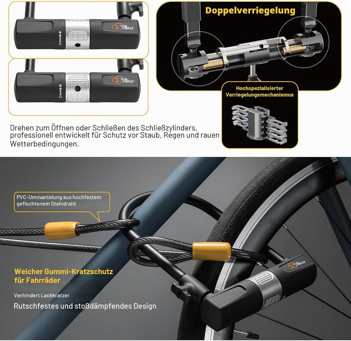 Via Velo Fahrrad Bügelschloss mit Kabel Fahrradschloss 14 mm Bügel und 10 mm x 1,8 m Kabel mit Halte