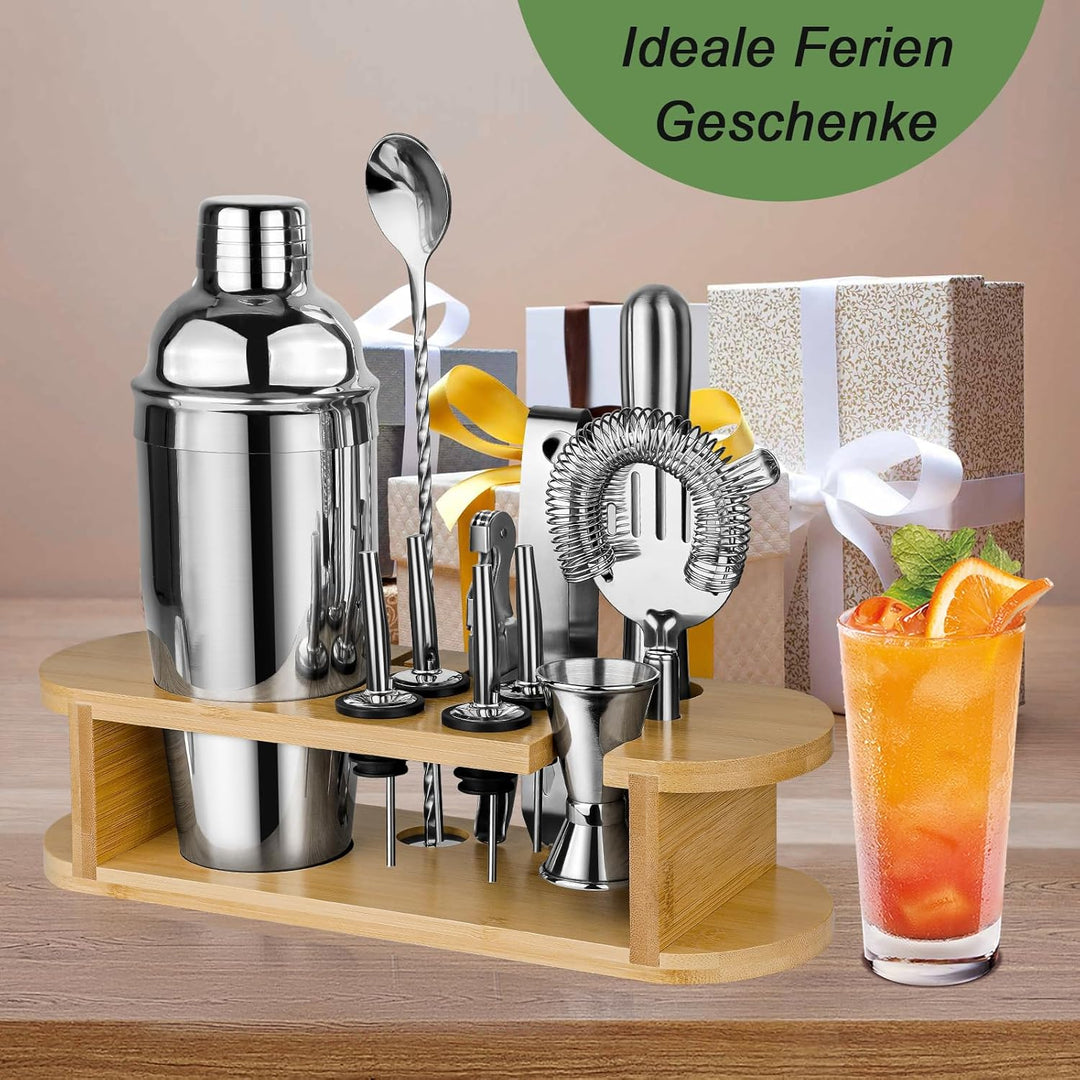 Cocktail Shaker Set Barkeeper Set mit Ständer, Edelstahl Drink Mixer Set mit allem wichtigen Zubehör
