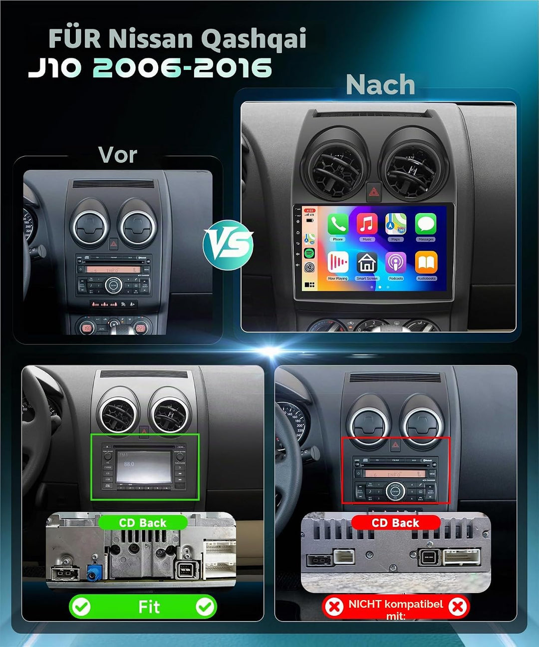 2G&amp;64G VECHTEL 9" Autoradio Für Nissan Qashqai J10 2006-2016（mit Navigationsbildschirm） mit Carplay