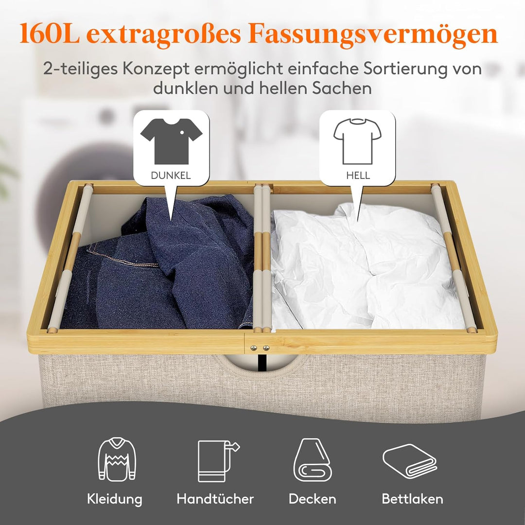 Lifewit 160L Bambus Wäschekorb mit Deckel, Faltbar Wäschesammler 2 Fächer Wäschesortierer mit Abnehm