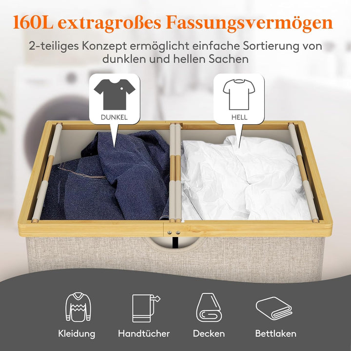 Lifewit 160L Bambus Wäschekorb mit Deckel, Faltbar Wäschesammler 2 Fächer Wäschesortierer mit Abnehm