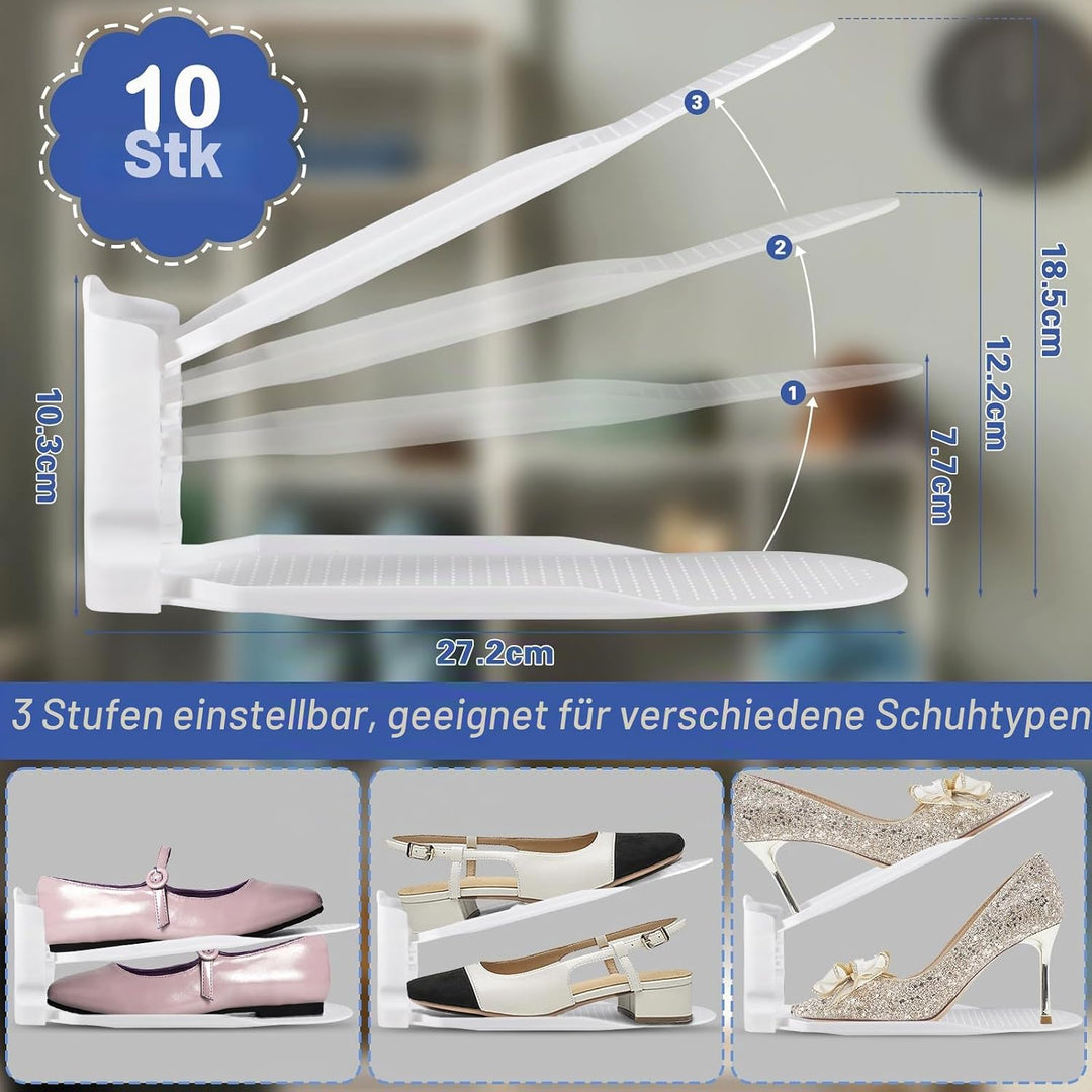 10 Stück Einstellbare Schuhregale, Schuhstapler/Schuhhalter Set, 3 höhenverstellbar, Platzsparend, r