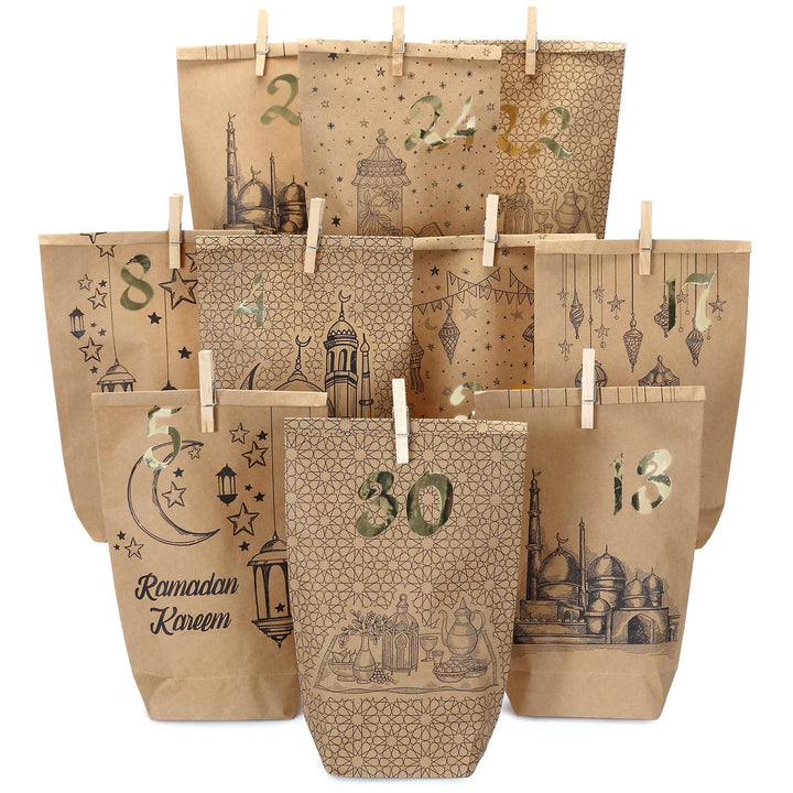 Papierdrachen DIY Ramadan Kalender zum Befüllen - Bedruckte Kraftpapiertüten - 30 Geschenktüten zum