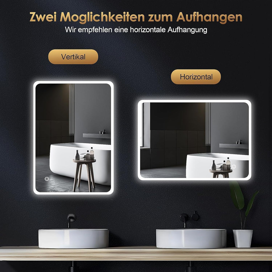 AllRight Badspiegel mit Beleuchtung 60x40cm | Dimmbarer LED Spiegel mit 3 Lichtfarben | IP54 Wasserg