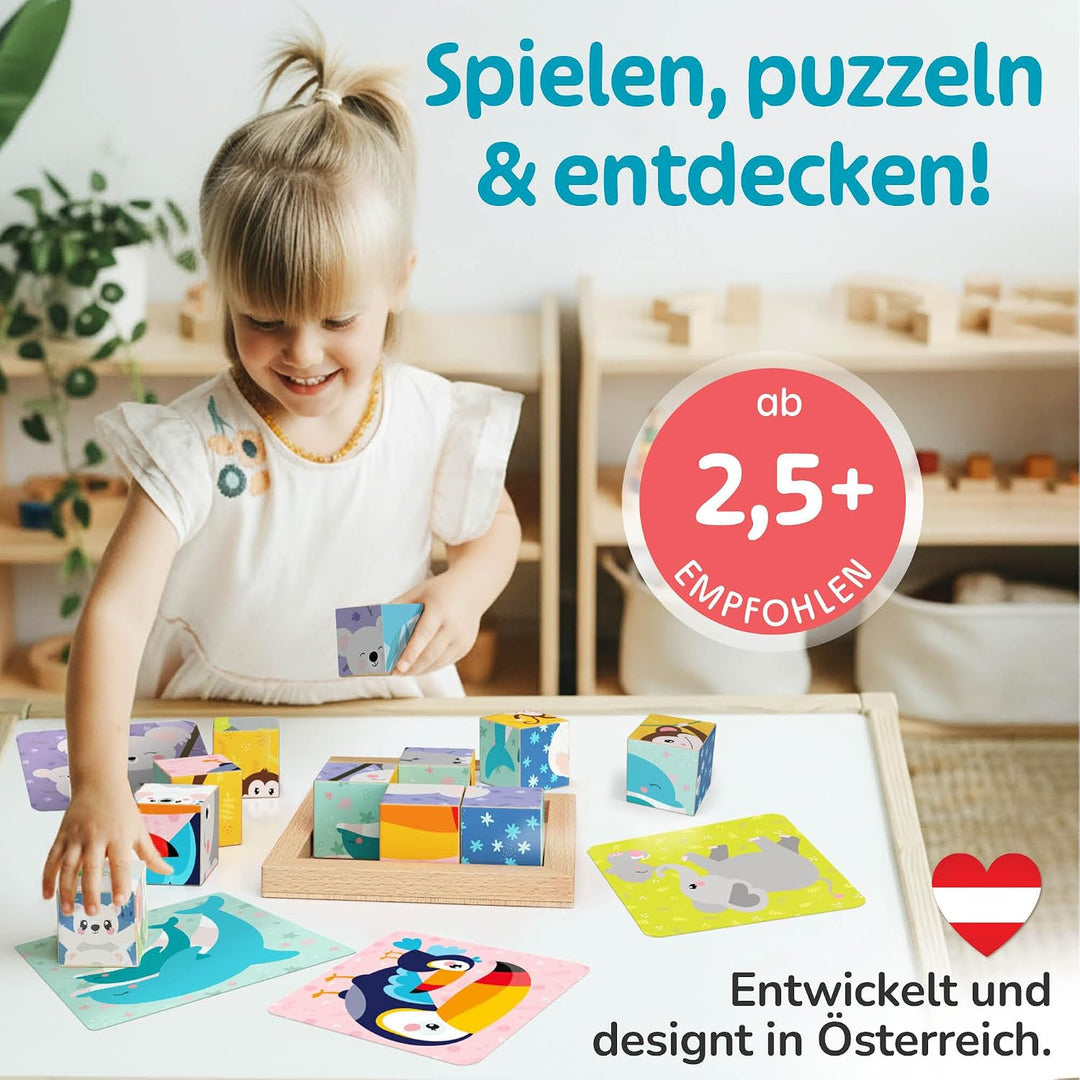 Merle Toys® 6-in-1 Würfelpuzzle ab 2 Jahre aus 100% Öko-Buchenholz, Würfelpuzzle ab 3 Jahre, Bilderw