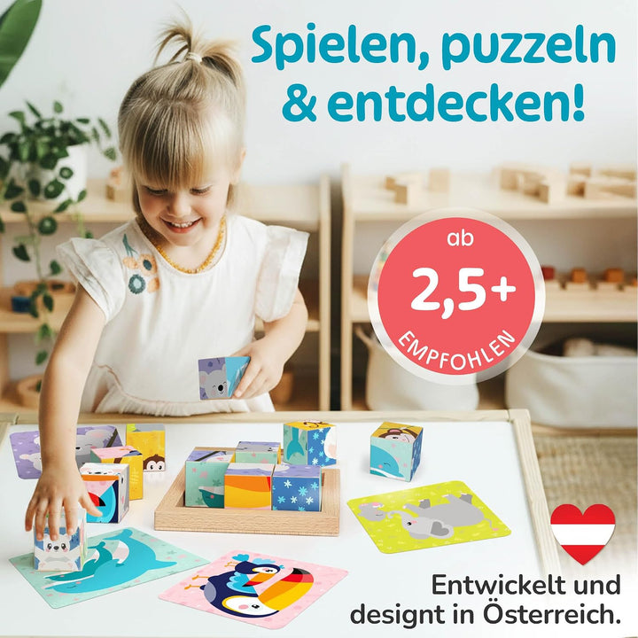 Merle Toys® 6-in-1 Würfelpuzzle ab 2 Jahre aus 100% Öko-Buchenholz, Würfelpuzzle ab 3 Jahre, Bilderw