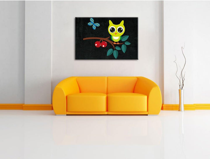 Pixxprint Eule auf AST mit Schmetterling / 100x70cm Leinwandbild bespannt auf Holzrahmen/Wandbild Ku