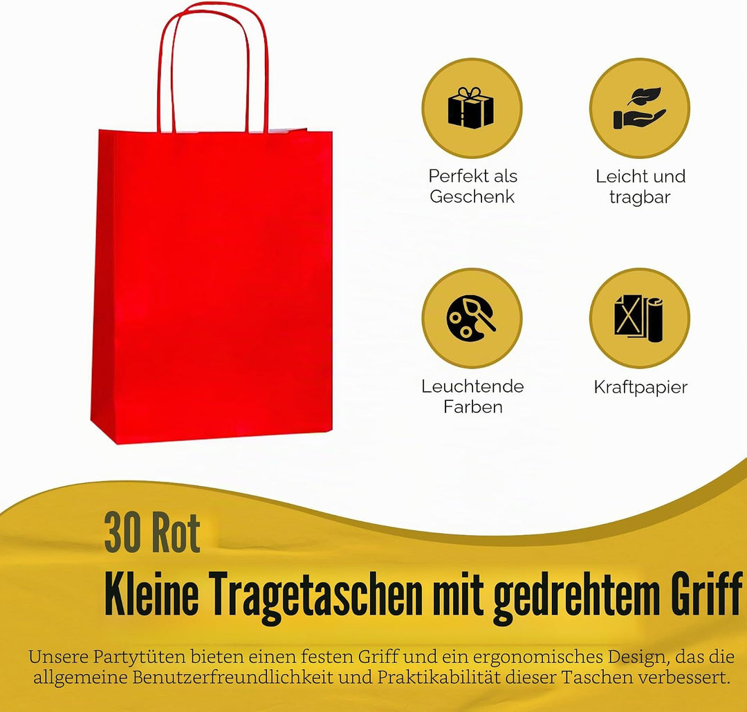 Thepaperbagstore 30 Papiertüten für Partys und Geschenke mit Griffen - Rot - 180x220x80mm Rot 30, Ro