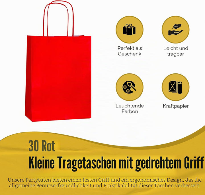 Thepaperbagstore 30 Papiertüten für Partys und Geschenke mit Griffen - Rot - 180x220x80mm Rot 30, Ro