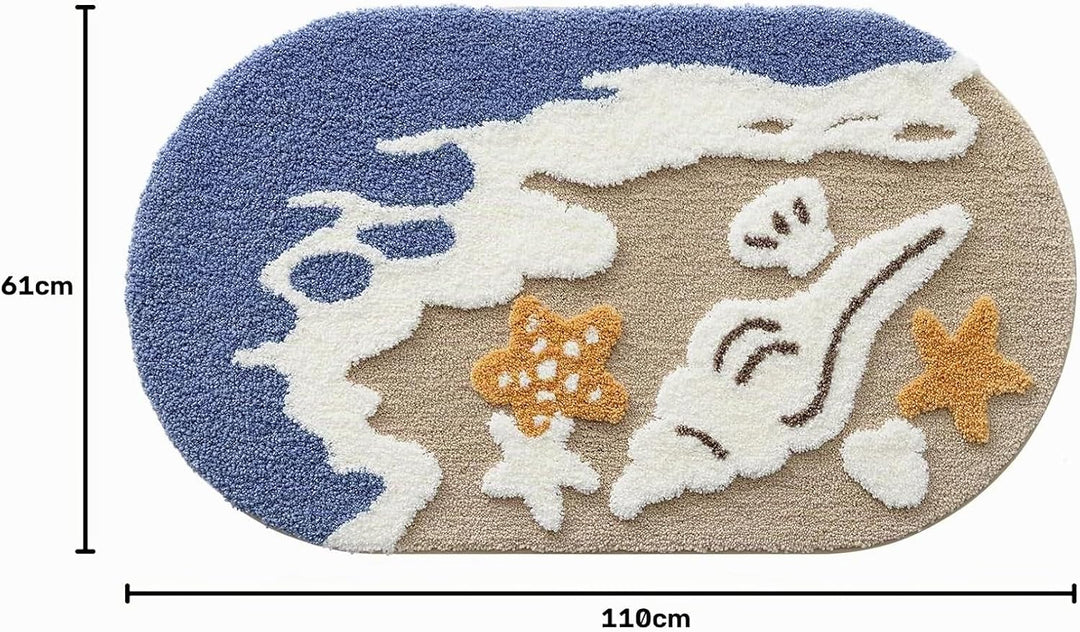 DEXI Ovale Badezimmerteppich 61 x 110 cm, Badematte rutschfest Absorbierende mit Seestern-Strand Mus