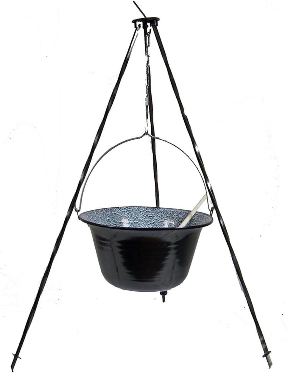 troph-e-shop 14 Liter Suppentopf Emaille + Dreibein 1,0 m + Kochlöffel Suppenkessel Hordentopf Feuer