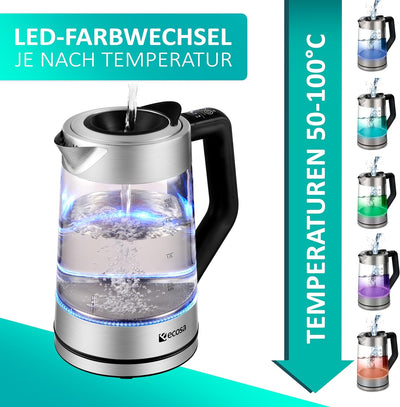 Glas Wasserkocher 1,7 Liter | 2200 Watt | Edelstahl mit Temperaturwahl | Teekocher | 100% BPA FREI |