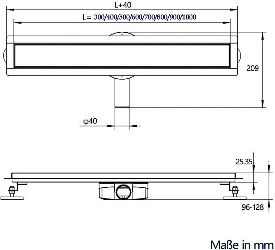 Duschrinne 30 cm Komplettset Schwarz, Edelstahl Ablaufrinne, Extra flache befliesbare Duschrinne mit