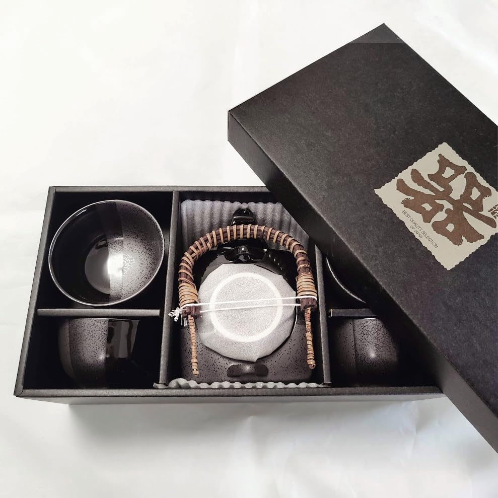 Original Japanisches Teeservice Kuro schwarz Japan Porzellan Teeset in Geschenkbox Kanne 600 ml, KUR