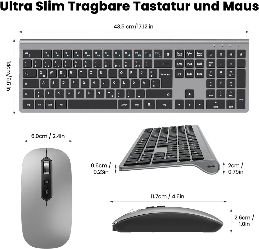cimetech Tastatur Maus Set Kabellos, Ultra-Dünne Wiederaufladbare Kabellose Tastatur und Maus Ergono