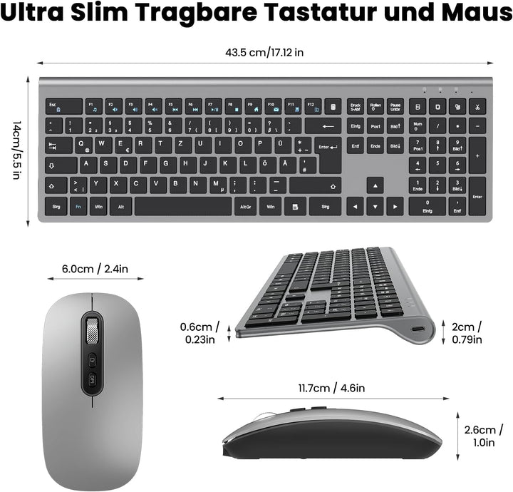 cimetech Tastatur Maus Set Kabellos, Ultra-Dünne Wiederaufladbare Kabellose Tastatur und Maus Ergono