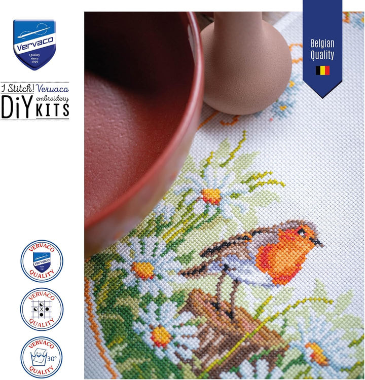 Vervaco Tischläufer Kreuzstich Set Gänseblümchen und Robin, Zählmuster, 32x84cm