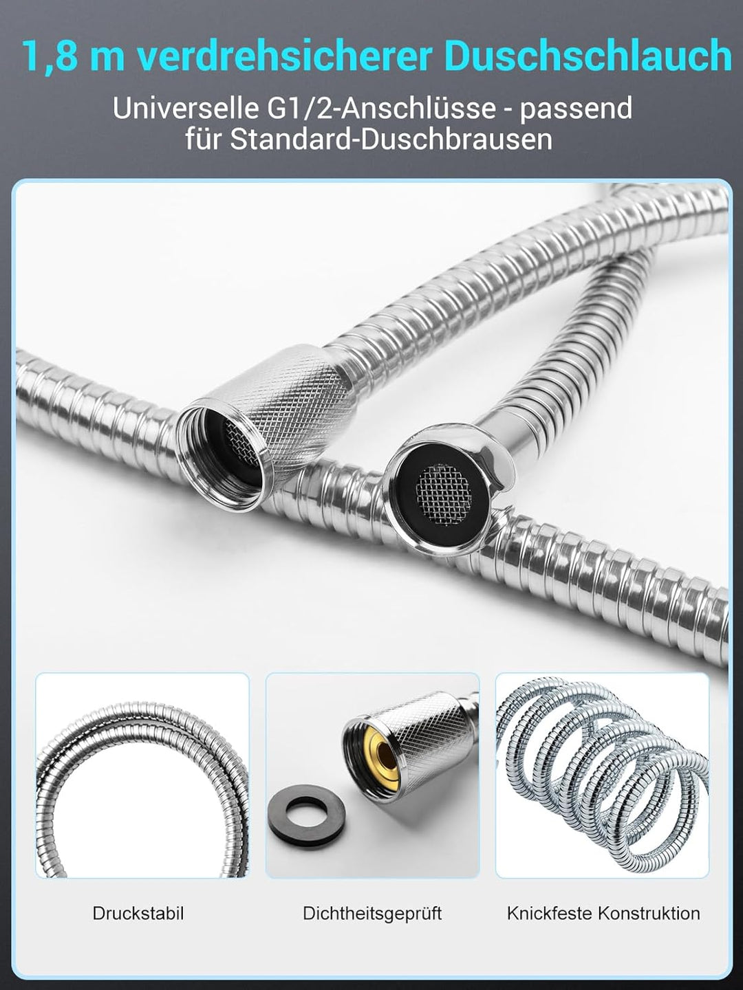 Duschkopf mit Schlauch 1,8m, YEAUPE mit Filter, Regendusche mit 6 Strahlarten, wassersparend, Gross,