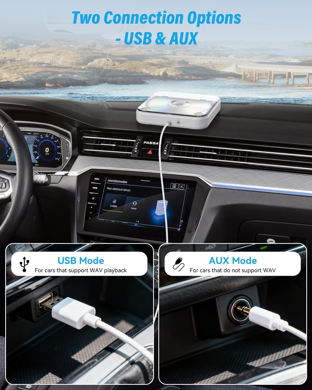 MONODEAL Externer CD Player für Auto, Plug-and-Play Auto CD-Player mit USB/AUX Anschluss, Universell
