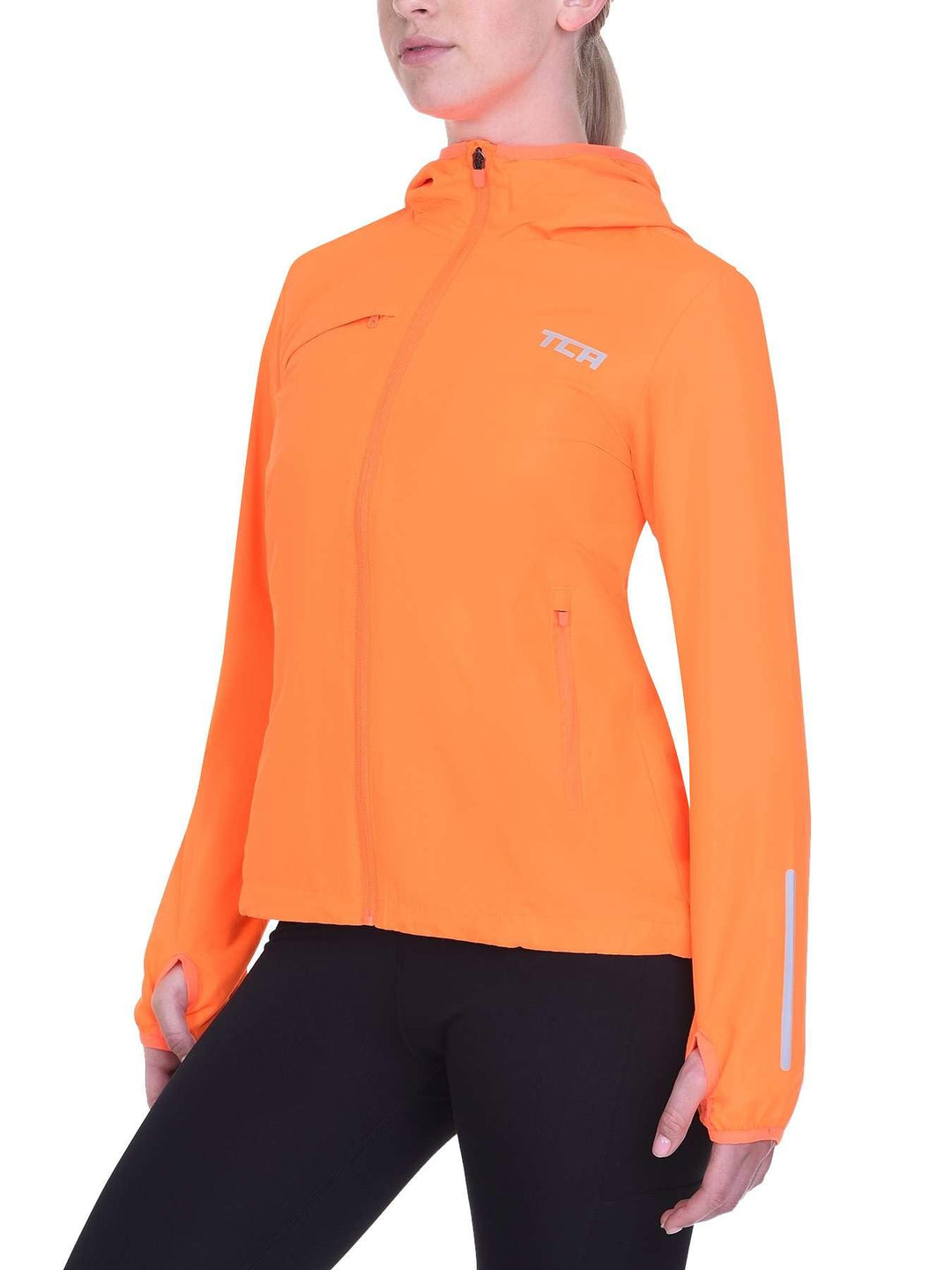 TCA Damen Lauf-Softshelljacke. Reflektierende atmungsaktive Packable-Jacke mit Reissverschlusstasche