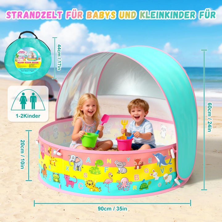 Baby Planschbecken mit Dach, Pop-Up Strandmuschel Baby UV Schutz 50+ mit Aufbewahrungstasche, 4 in 1
