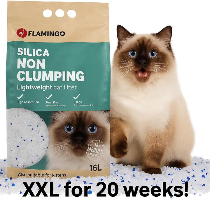 Flamingo Katzenstreu - Silikat Katzenstreu - Silikatstreu 16L für 20 Wochen - mittelkörnige Streu oh