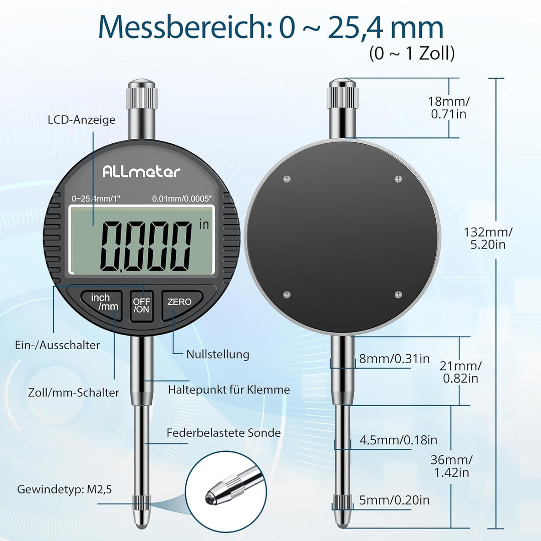 ALLmeter Digitale Messuhr 0,01 mm / 0,0005'', Präzise Messuhr Digital mit LCD-Display, Messbereich 0