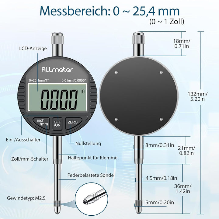 ALLmeter Digitale Messuhr 0,01 mm / 0,0005'', Präzise Messuhr Digital mit LCD-Display, Messbereich 0