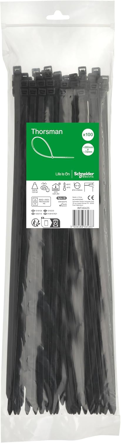Schneider Electric Thorsman Kabelbinder, 100 Stück, Polyamid, 380x7,6 mm, glatte abgerundete Kanten,