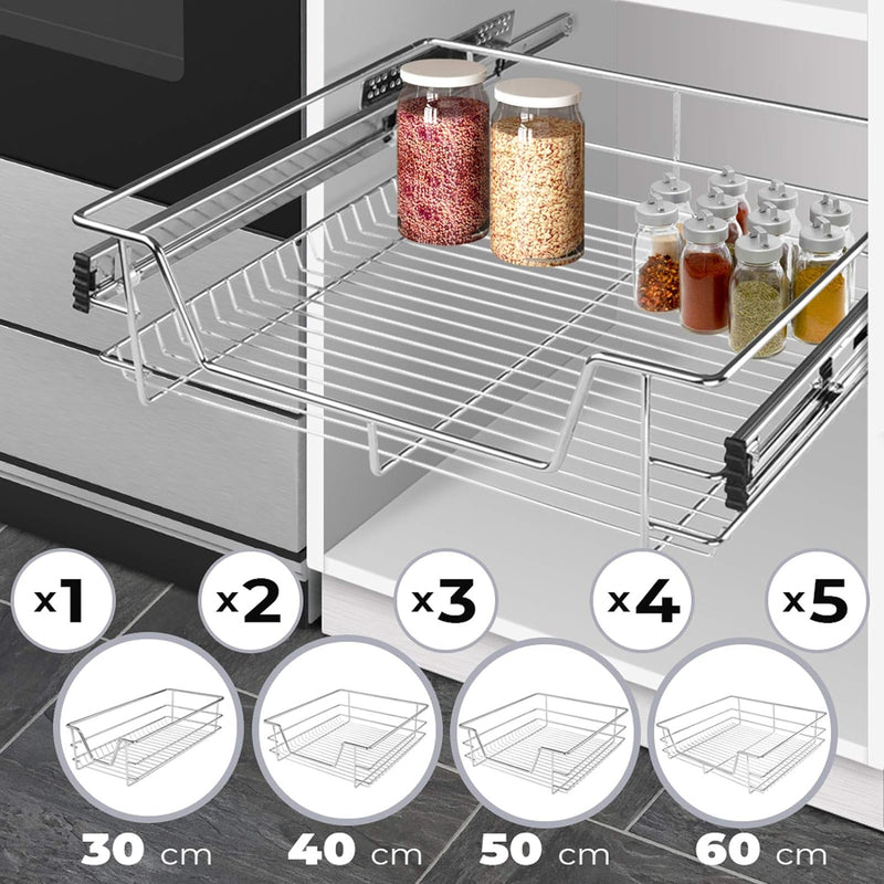 Jago® Teleskopschublade - inkl. Schienen, für Schrankbreite 30 40 50 oder 60 cm, verchromt, Setwahl