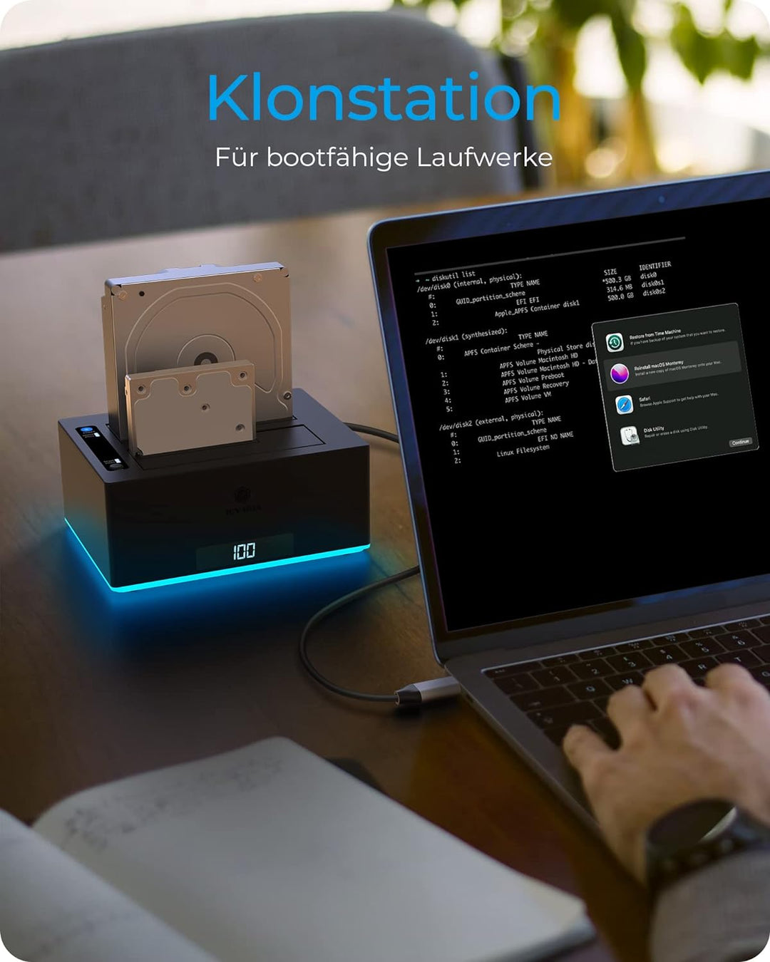ICY BOX USB 3.0 2-Fach Festplatten Docking Station für 2,5" und 3,5" SATA HDD/SSD, RGB, Offline-Klon