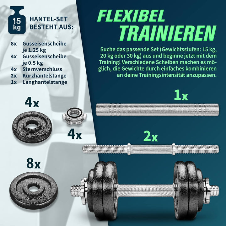 RE:SPORT 2 in 1 Hanteln Set 15-60kg | Hantelset Gusseisen verstellbar | Kurzhantel &amp; Langhantel | St
