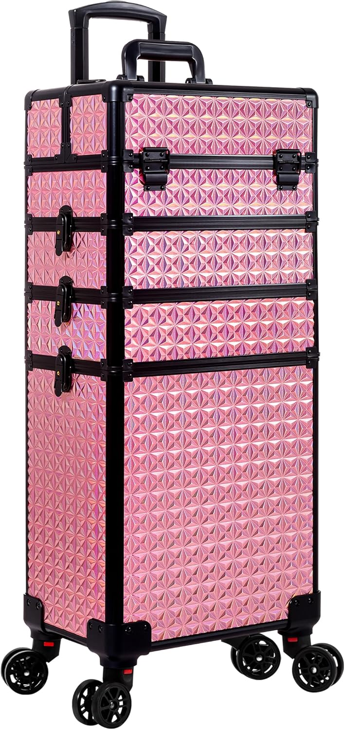 Arous 5-in-1 Profi-Kosmetikkoffer, Aluminium, mit 360° drehbaren Rädern Rosa, Rosa