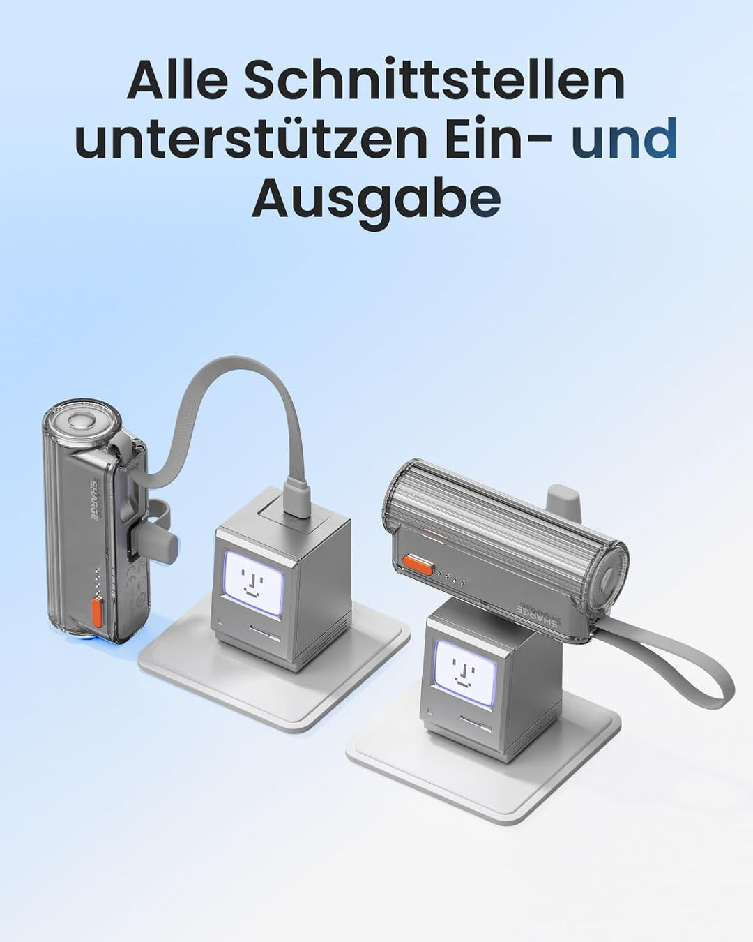 SHARGE Flow Mini 2 Powerbank, Tragbares Ladegerät 22,5W PD-Schnellladen mit Doppelstecker und integr