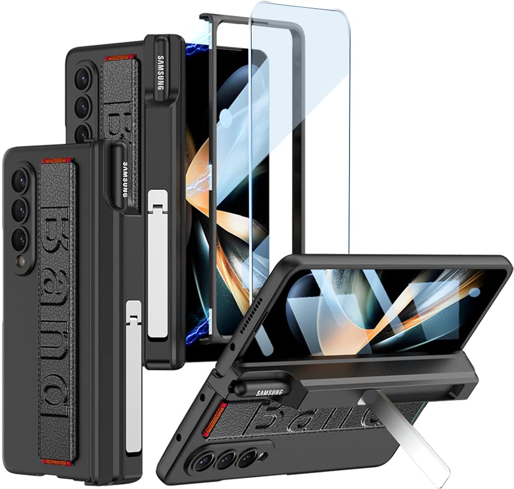 Hülle für Samsung Galaxy Z Fold 4 Magnetscharnierschutz mit Armband und S-Pen-Halter, Luxus-PC Stoss