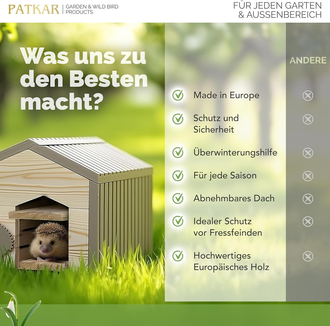 PATKAR Igelhaus Winterfest mit Boden [SCHÜTZT VOR FRESSFEINDEN] - Premium Igelfutterhaus (Made in Eu