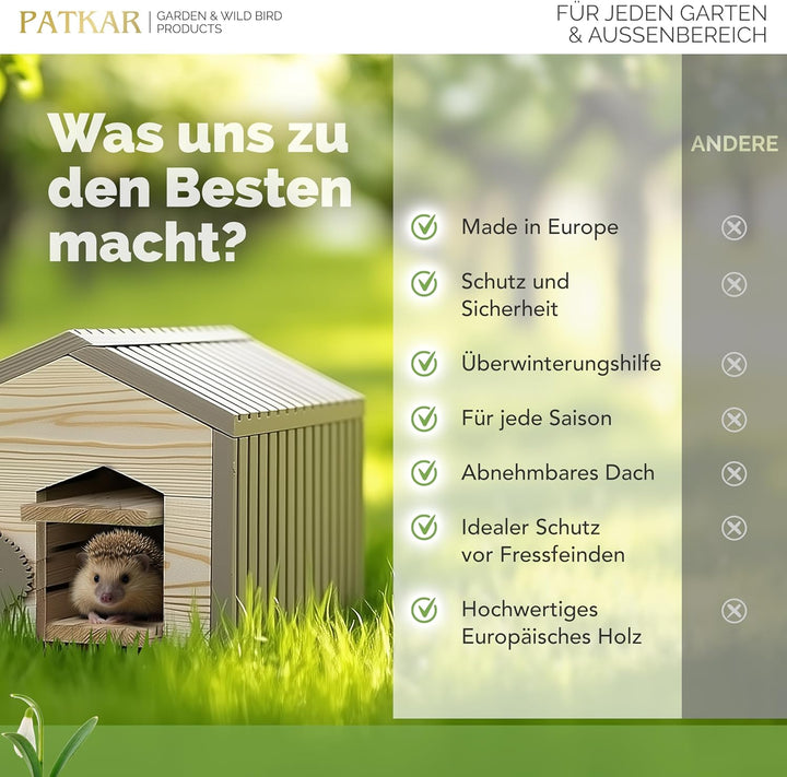 PATKAR Igelhaus Winterfest mit Boden [SCHÜTZT VOR FRESSFEINDEN] - Premium Igelfutterhaus (Made in Eu