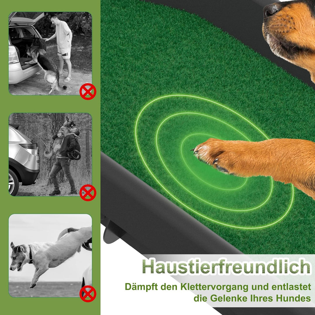 Hunderampe klappbar mit Kunstrasen, Hundeautorampe rutschfeste Einstiegshilfe bis 90 kg, Hundetreppe