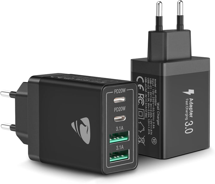 2-Pack USB C Ladegerät, 4-Port Adapter Mehrfach mit USB-C und USB-A, 40W Schnellladegerät PD 3.0 Cha