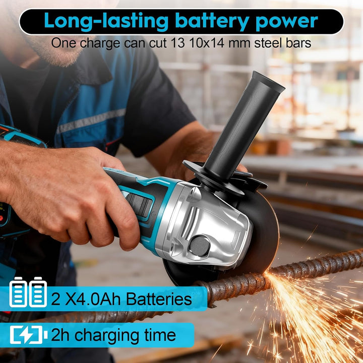 Akku Winkelschleifer 125mm, Flex Akku Winkelschleifer Set mit 2x 4.0Ah Akku, 1200W Bürstenloser Moto