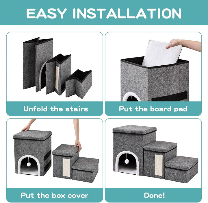 4 in 1 Faltbare Hundetreppe für Bett &amp; Sofa, 3 Stufen Haustierleiter mit Aufbewahrungsboxen, Katzenh