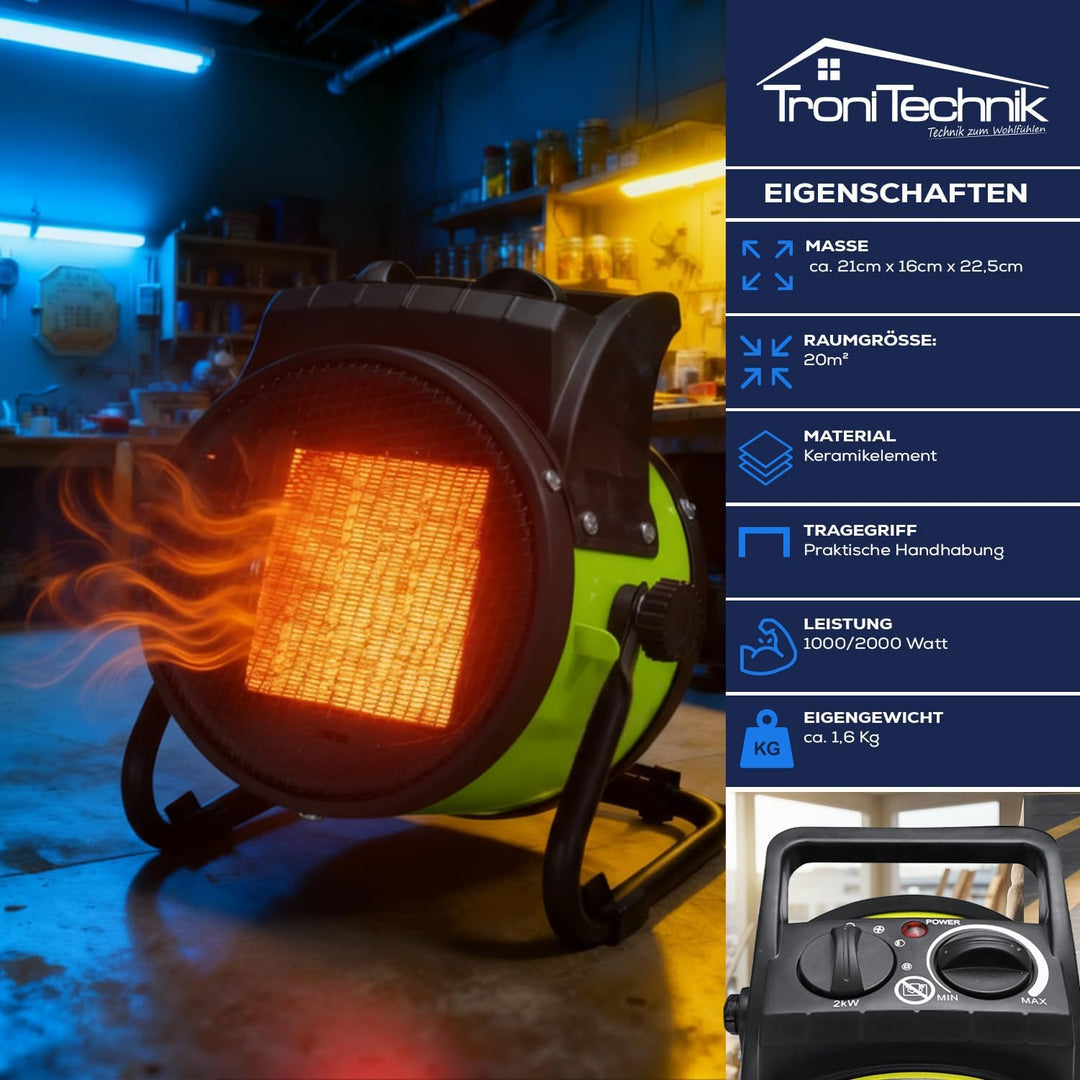 Tronitechnik® 2000 Watt Elektroheizer Heizlüfter Bauheizer Keramik Heizstrahler elektrisch Heizgerät