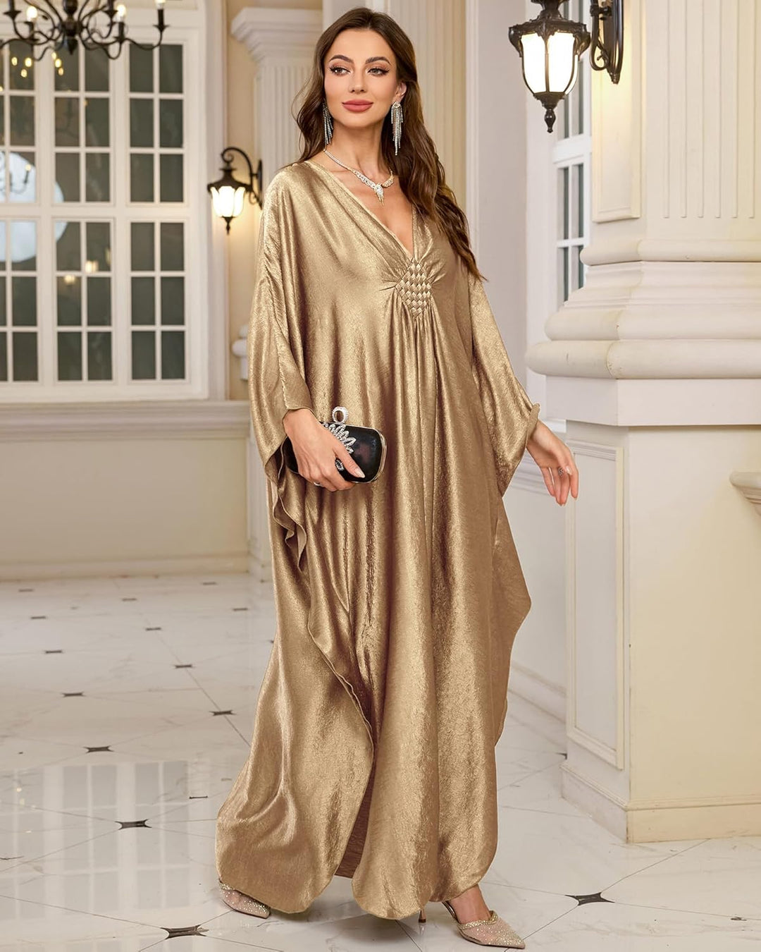 Bsubseach Damen Solid Color Cover Up V-Ausschnitt Batwing Sleeve Plus Size Beach Kaftan Kleider A-ch