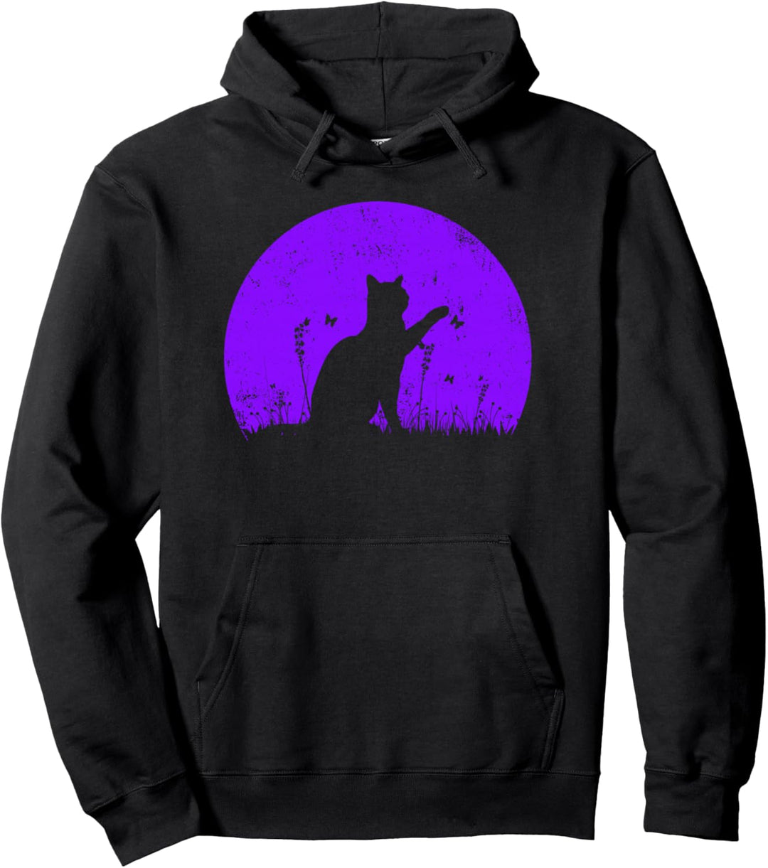 Katze mit Schmetterling, lila Sonnenuntergang Pullover Hoodie