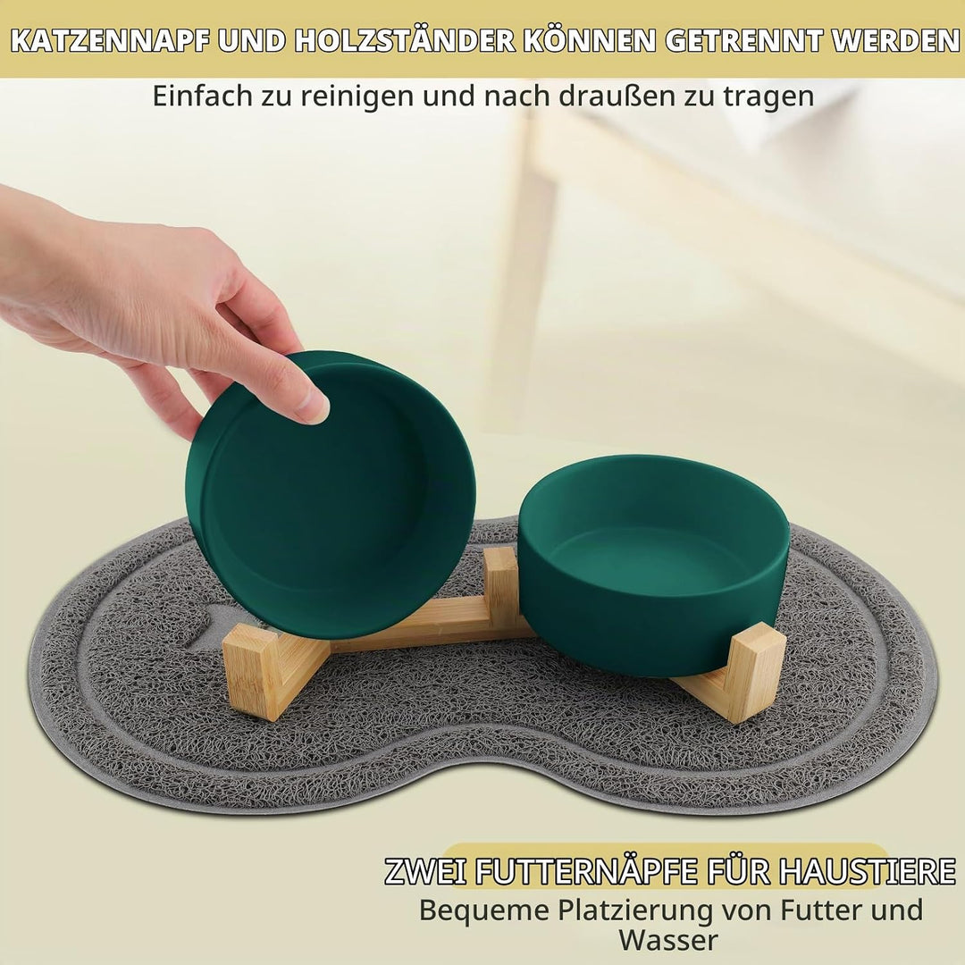 Katzennapf, 2 Stück Keramik Futternapf Katze Set, 3-in-1 rutschfeste Katzennäpfe mit Holzstände und