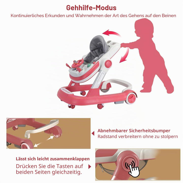 Lauflernhilfe 2-in-1: Schiebewagen für Kleinkinder mit Abnehmbarem Esstablett und Musik-Spielbrett (